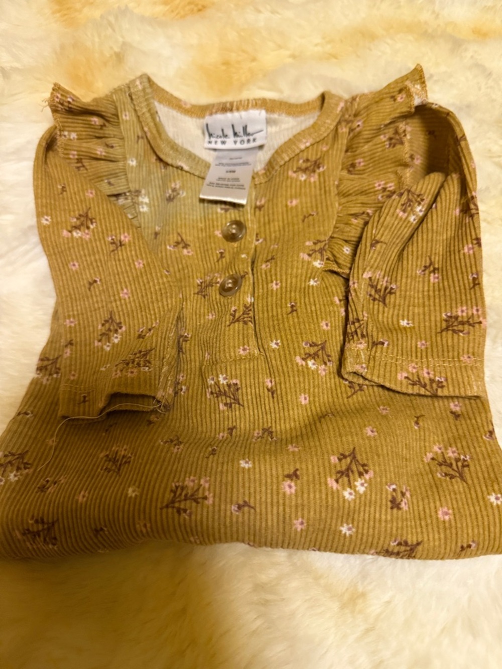 Nicole Miller Mustard Floral Ribbed Long-Sleeve Top